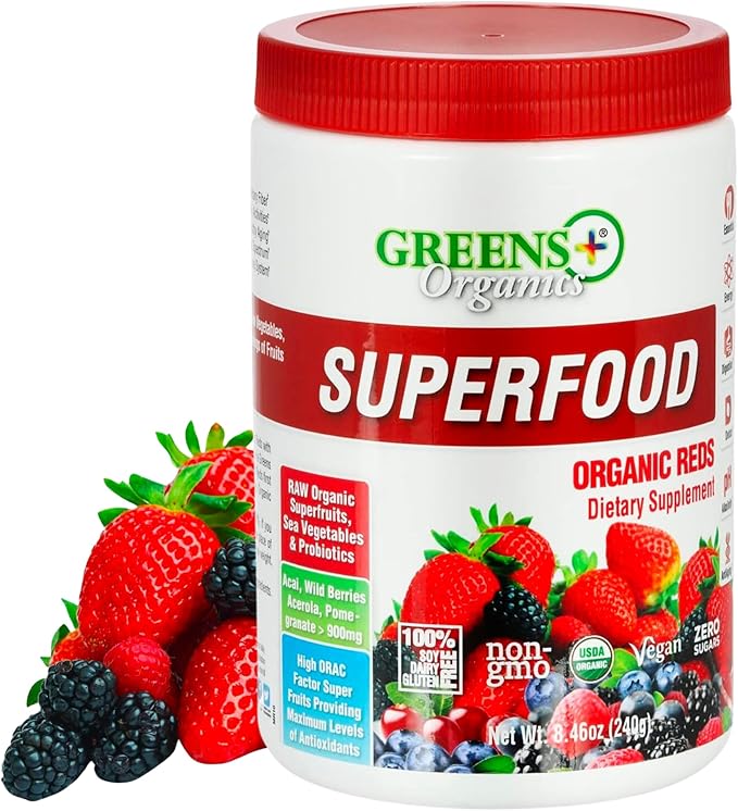Greens+ Organic Reds Superfood Powder Camu Camu Dietary 400mg Vitamin C SuperFruit Supplement 120 Capsules, 100% Natural, Vitamins & Minerals, Vegan, Soy/Dairy/Gluten Free