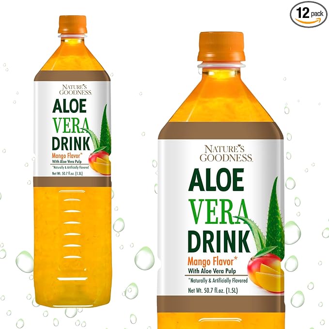 Nature's Goodness Aloe Vera Drink with Pulp Mango Flavor -12 Pack Case - 50.7 Fl Oz (1.5 L) Each - Total 18 Liters - Refreshing Beverage with Real Aloe Vera Juice