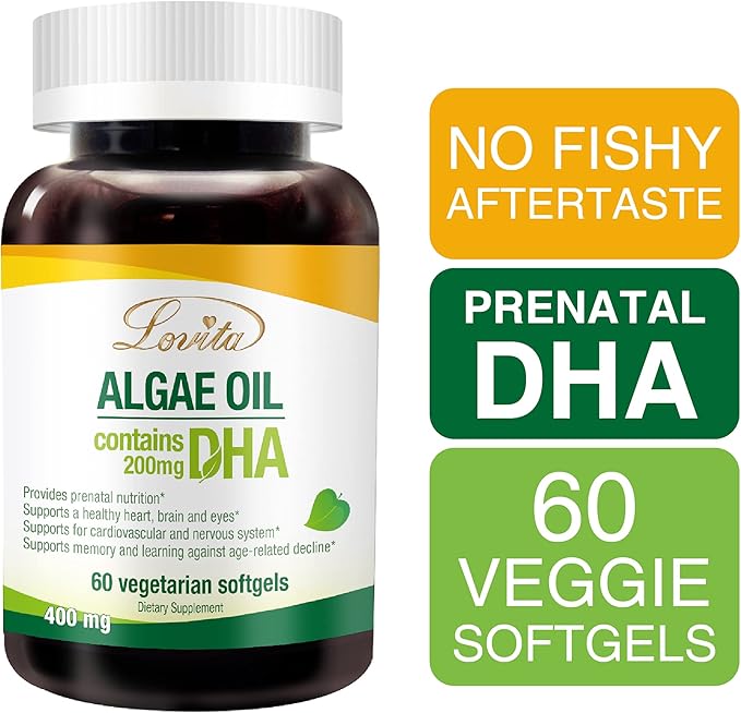 Lovita Algae Oil, Plant Based DHA Alternative to Fish Oil, Vegan Omega 3 with DHA 200 mg, 60 Vegetarian Softgels
