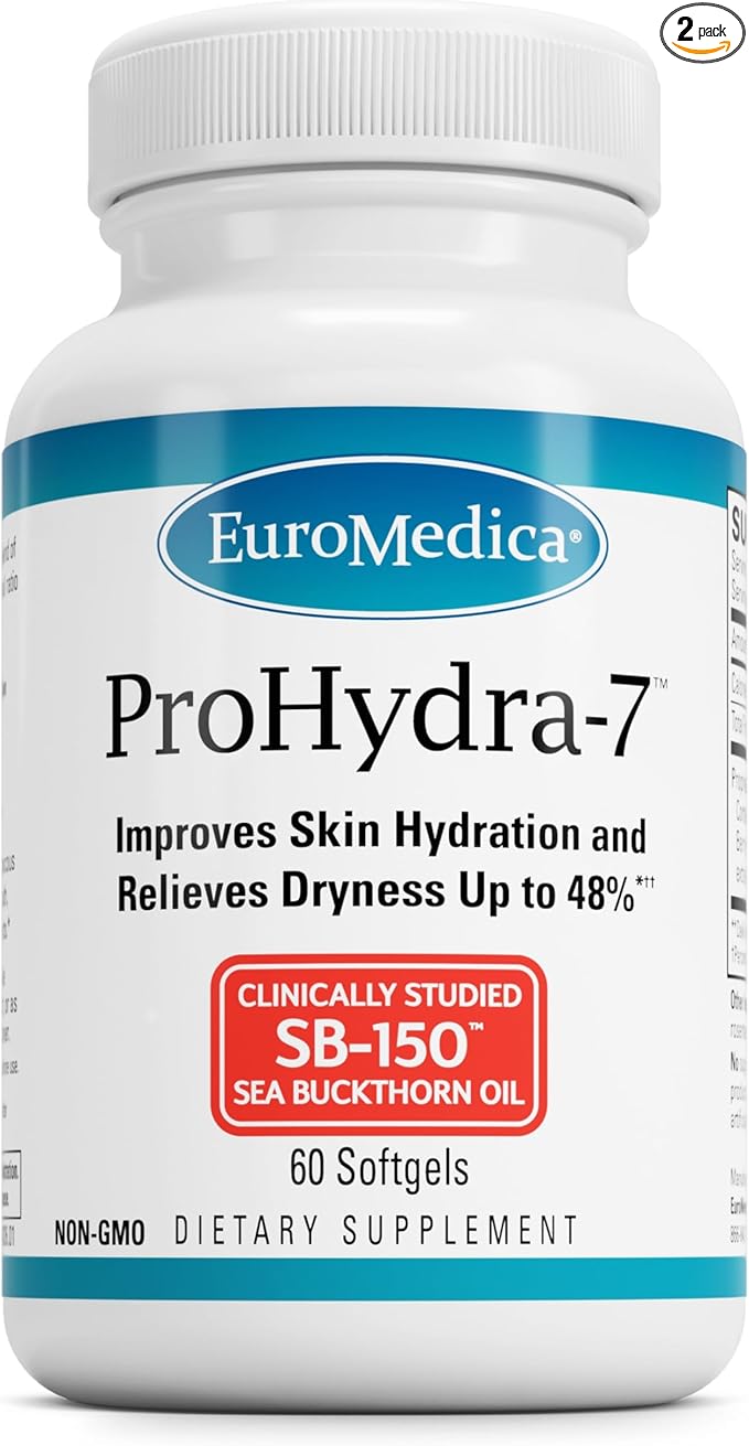 Euromedica ProHydra-7 - Skin Health Support Supplement with Omega-7 Sea Buckthorn Oil - Nutritional Supplement - Essential Fatty Acid Supplement - 60 Softgels