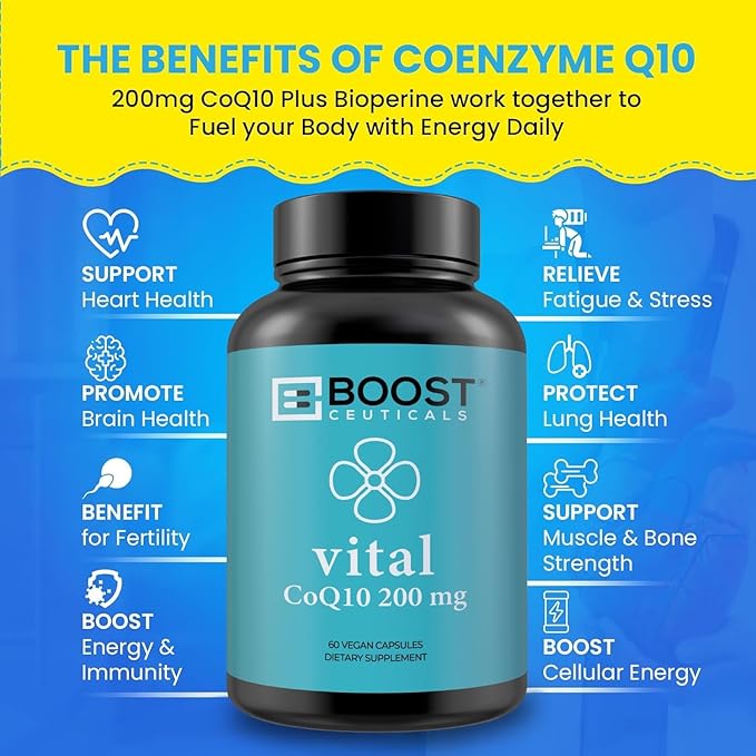 CoQ10 200mg | High Absorption Coq10 with Bioperine | Pure CoQ10 Vegan Non GMO | No Stearates No Gluten | 60 200 mg Capsules