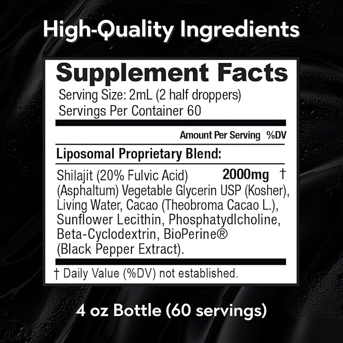 Maxx Herb Pure Himalayan Shilajit – Liquid Liposomal Formula with Black Pepper BioPerine & Cacao - Energy Boost & Immune Support, 85+ Trace Minerals, 20% Fulvic Acid – 4 Oz Bottle (60 Servings)