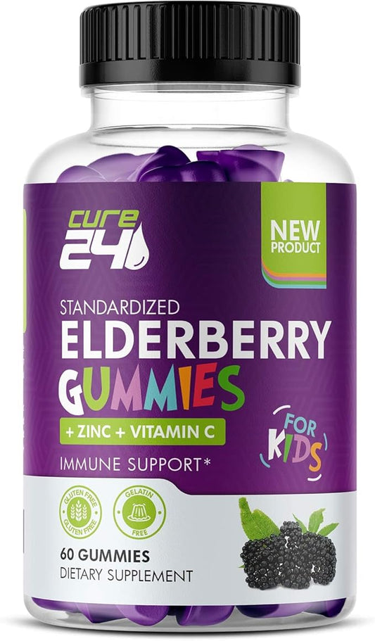 Sambucus Elderberry Gummies + Vitamin C + Zinc for Kids, X3 Immune Support, Natural Flavors + Ingredients, Vegan, Non-GMO, 60 Count, Made in USA