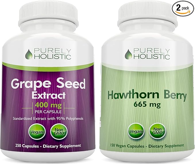 Purely Holistic Grape Seed Extract 400mg + Hawthorn Berry 665mg Bundle - 400 Vegan Capsules - Made in USA