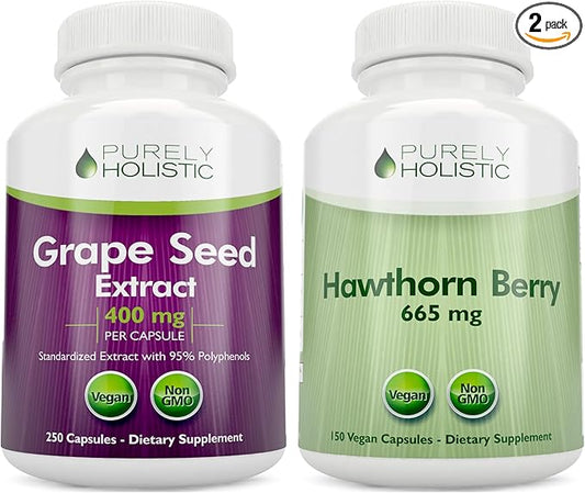 Purely Holistic Grape Seed Extract 400mg + Hawthorn Berry 665mg Bundle - 400 Vegan Capsules - Made in USA
