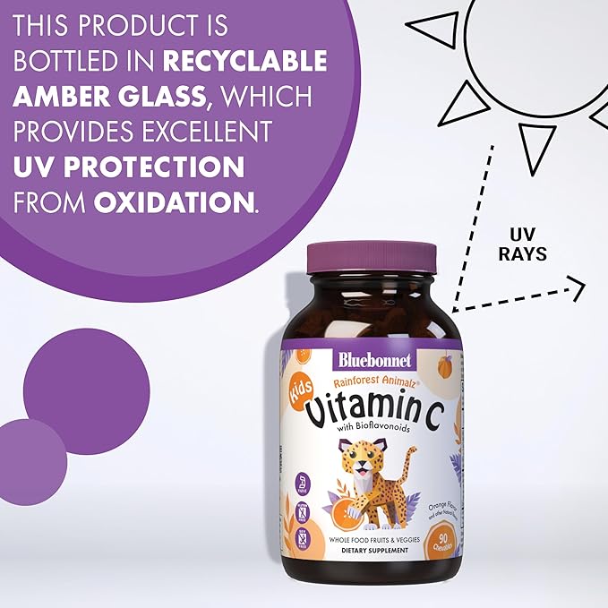 Bluebonnet Nutrition Rainforest Animalz Vitamin C Animal Shape Chewable Tablets, 250mg of Vitamin C, Soy-Free, Gluten-Free, Kosher Certified, Dairy-Free, Vegan, 90 Tablets, 45 Servings, Orange Flavor