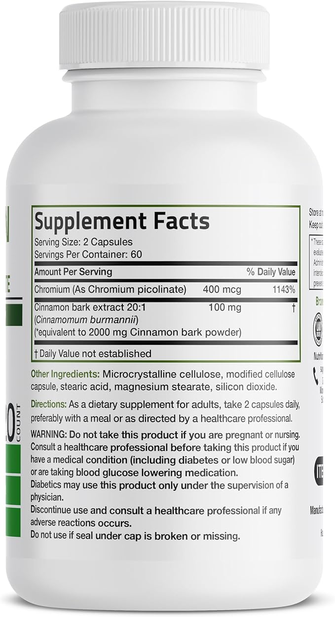Bronson Cinnamon Plus Chromium Picolinate Supplement, High Potency Chromium, Non-GMO, 120 Vegetarian Capsules