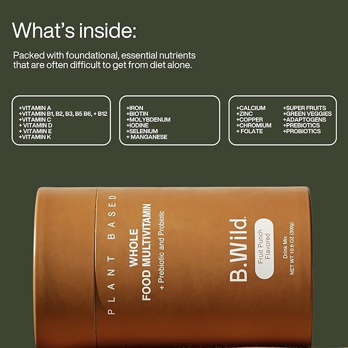 B.WILD Multivitamin Drink Mix Plant Based Antioxidant Drink | Prebiotics and Probiotics for Digestive Health - Fruit Punch Flavor - 300 g, 30 Day Supply