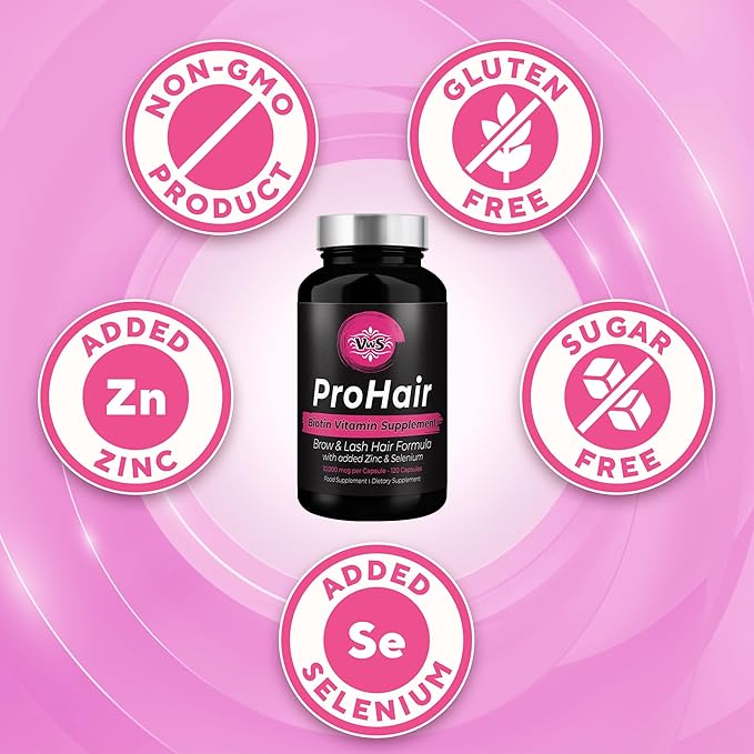 VWS Biotin 10,000 mcg Dietary Supplement w/Zinc & Selenium to Promote Thicker Hair Growth, Stronger Nails & Healthy Skin for Women and Men, 120 Vegan Capsules