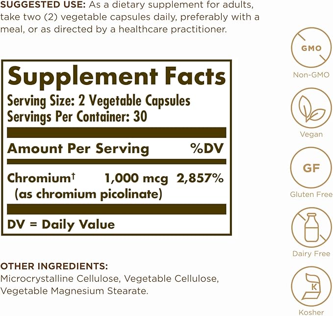 Solgar Chromium Picolinate 500 mcg - 60 Vegetable Capsules, Pack of 3 - Supports Sugar, Fat & Protein Metabolism - Non-GMO, Gluten Free, Kosher - 90 Total Servings