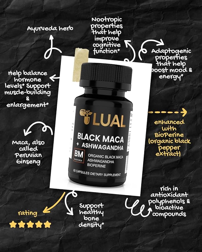 LUAL 30,000mg 30x Strength Organic Black Maca Root with Ashwagandha - Highest Potency Black Maca Root Capsules for Men - 100% Pure Maca Peruana Powder Organic, Gelatinized, Non-GMO - 60 Pills