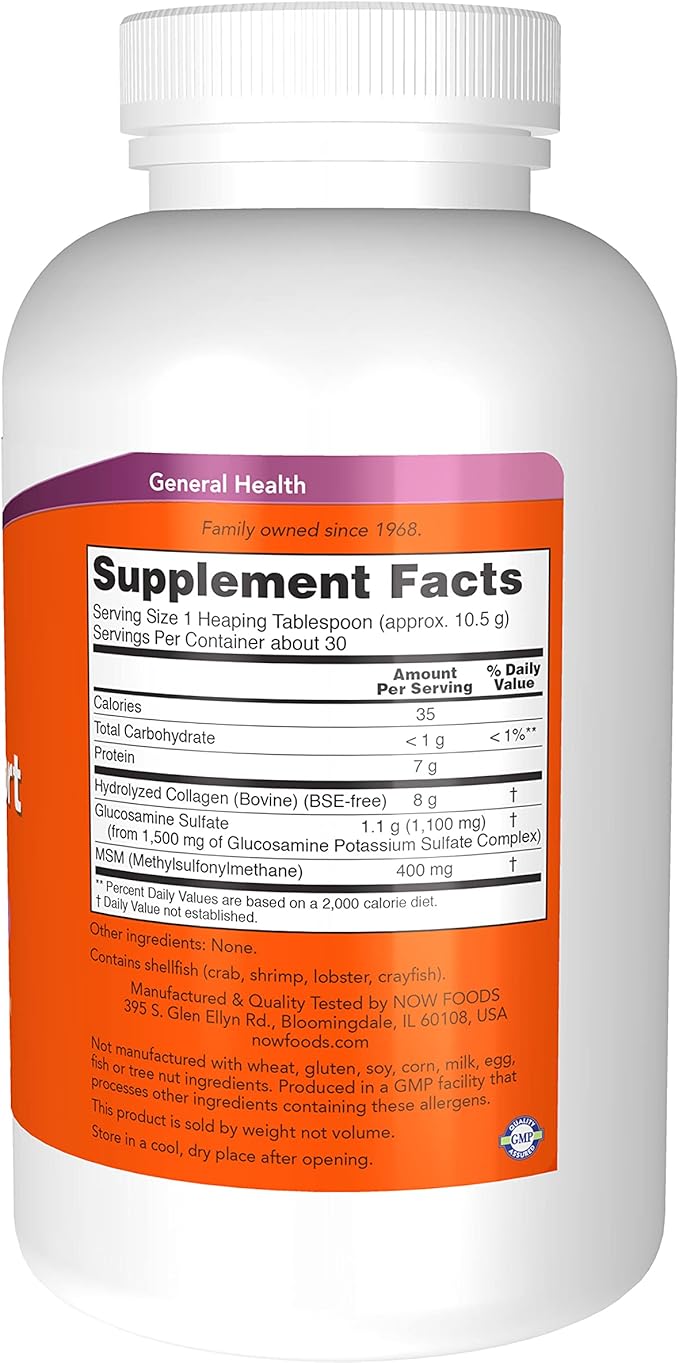 NOW Foods Supplements, Collagen Joint Support™ Powder with Beef Gelatin, Glucosamine Sulfate and MSM, 11-Ounce