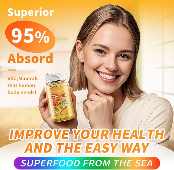 3 in 1 Vitamin D3 K2 Softgels with Natural MCT, 10000 IU - Vitamin D Plus MK-7 200mcg, No Fillers, Non-GMO for Immune Support, Bone & Heart Health, Plant-Based Ultimate Absorption, 1 Months Supply