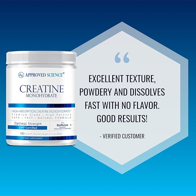 Approved Science Creatine Monohydrate Powder with BioPerine - Supports Lean Muscle Growth and Recovery - 180 Servings - 5g Per Serving - Unflavored - Non-GMO, Vegan