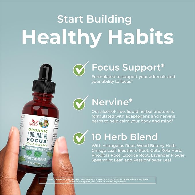 MaryRuth - USDA Organic Brain Nootropic Focus Supplement for Adults with Ginkgo Biloba & Astragalus | Focus & Adrenal Support | Brain and Memory Drops | Vegan | Non-GMO | Gluten Free | 30 Servings
