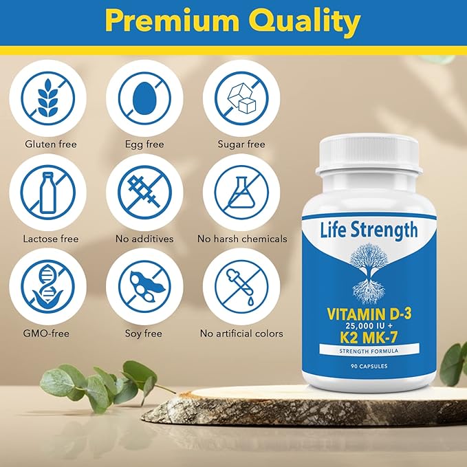 Vitamin K2 (MK7) + D3 25,000IU Supplement - Extra Strength, Non GMO, Easy to Swallow, No Fillers - Supports Immune & Bone Health