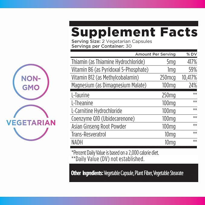 Livingood Daily Energy Supplements for Women & Men, 60 Vegetarian Capsules - Vitamin B6 & B12, NADH, L-Theanine & Magnesium Energy Support Pills Support Mood, Brain Health, & Muscle Function - Non-GMO