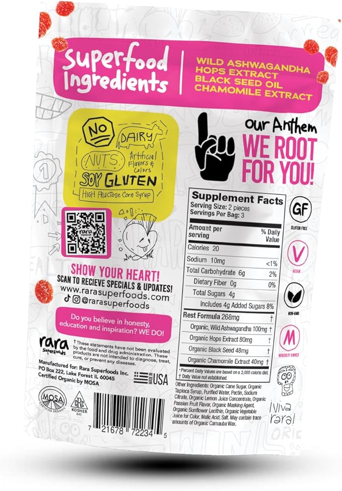 Rest USDA Organic Gummies Natural Sleep & Cognitive Support Supplement, Vegan & Gluten-Free, Infused with Ashwagandha, Hop Extract & Chamomile Extract (6 Gummies, Rest)
