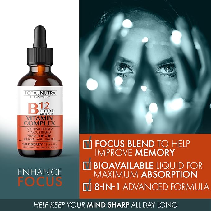 Extra Strength Liquid B12 Vitamin Drops- Vitamins B12, B6, B3- Vegan and Non GMO- Instant Energy, Focus & Metabolism Support with Green Tea, Carnitine & Ginkgo Biloba- Alternative to B Complex Capsule
