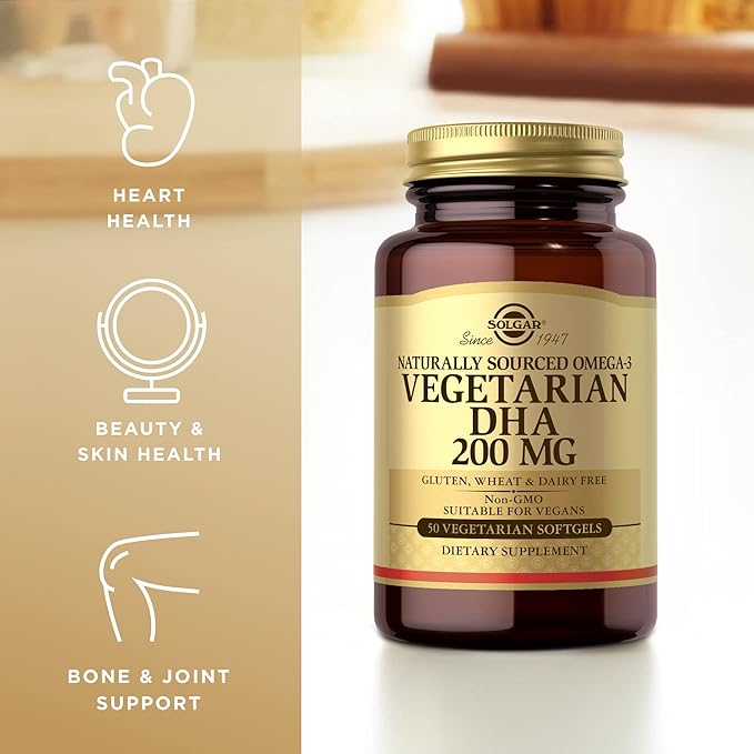 Solgar Vegetarian DHA 200 mg - 50 Vegetarian Softgels - Naturally Sourced Omega-3 - Vegan, Gluten Free, Dairy Free - 50 Servings