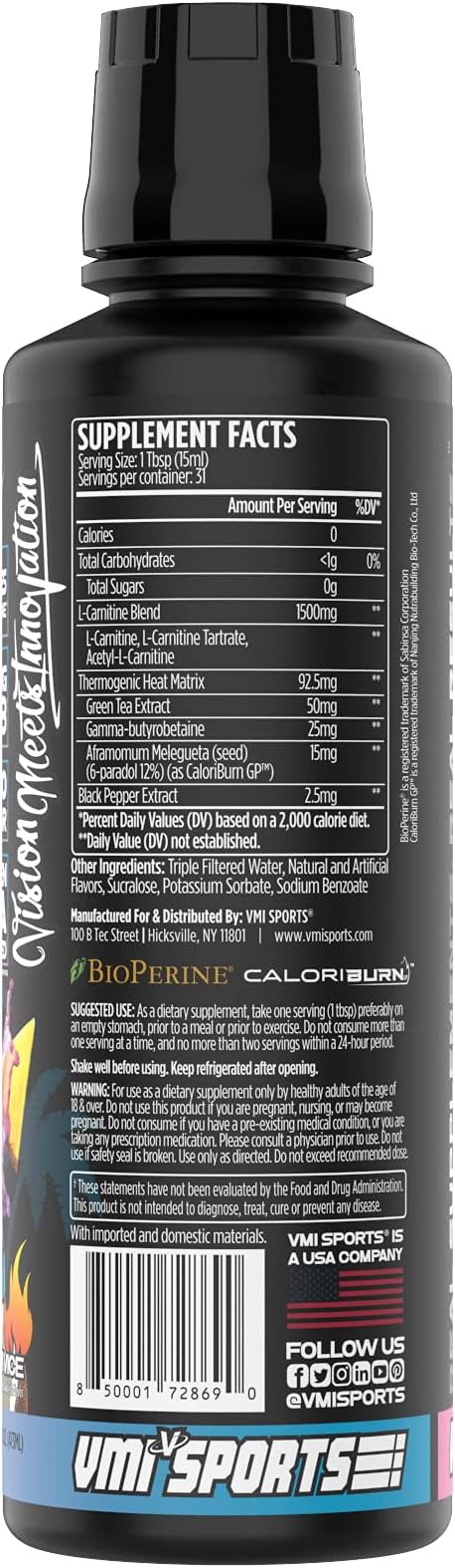 VMI Sports L-Carnitine 1500 Heat Liquid Enhanced Thermogenic | 1500 mg Carnitine | Maximum Absorption Formula | Great Taste for Men & Women | 31 Servings (Miami Vice)