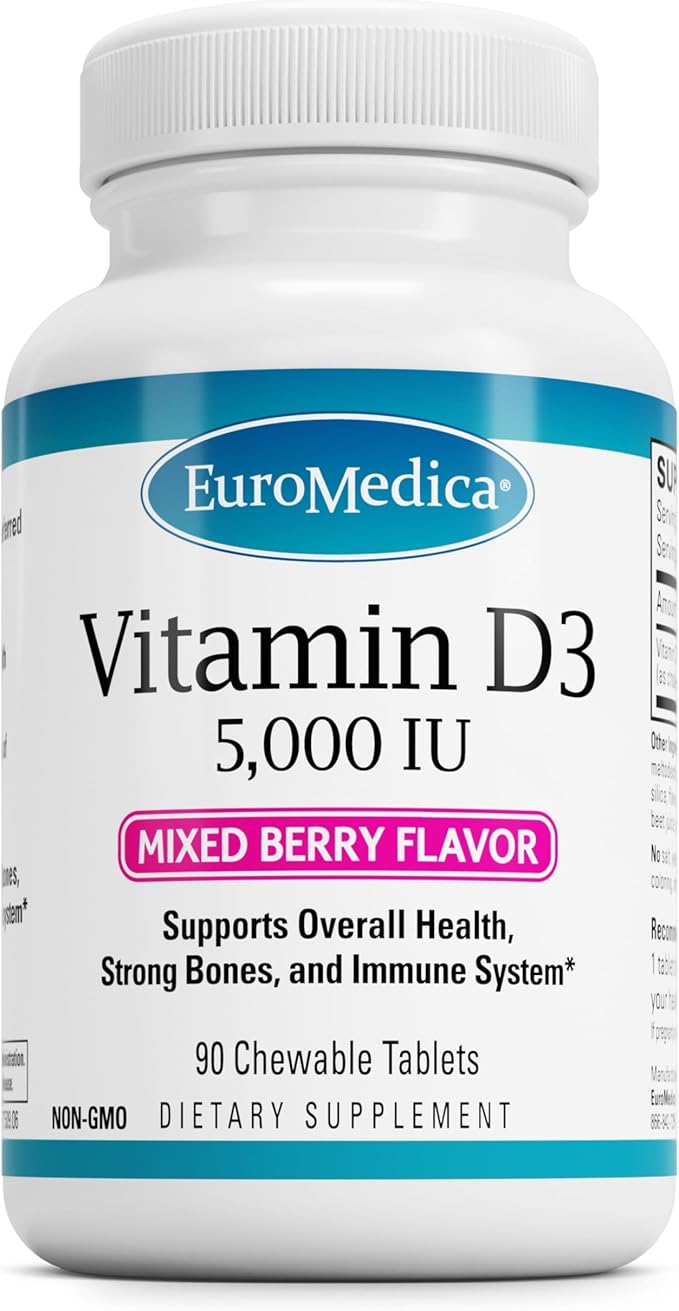 EuroMedica Vitamin D3 - Bone Health & Bone Strength Support Supplement - Dietary Supplement for Immune System & Brain Support - 5,000 IU Vitamin D Tablets with Mixed Berry Flavor - 90 Chewable Tablets