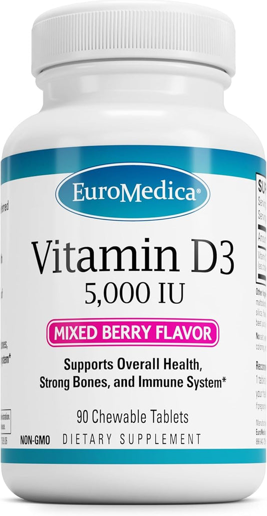 EuroMedica Vitamin D3 - Bone Health & Bone Strength Support Supplement - Dietary Supplement for Immune System & Brain Support - 5,000 IU Vitamin D Tablets with Mixed Berry Flavor - 90 Chewable Tablets
