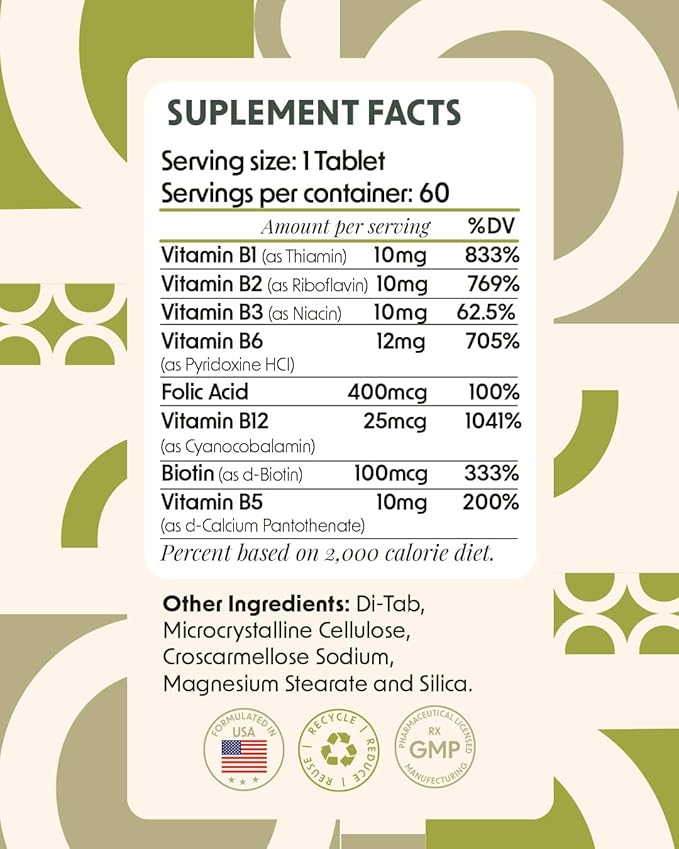 Alpha & Omega Nutrition Vitamin B-Complex + Folic Acid, Support Neurological and Cardiovascular Health, Energy Levels & Nervous System Support, Vitamin B12, Biotin & More - 60 Tablets, 2 Mo Supply