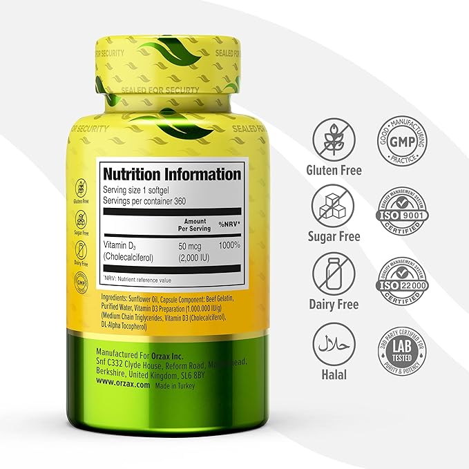 ORZAX Vitamin D3 2000 iu (50 mcg) – Non-GMO, Gluten Free, Sugar Free, Dairy Free – 1 Year Supply for Strong Muscle Function and Immune Support – Mood Supplement for Wellness (360 Softgel)