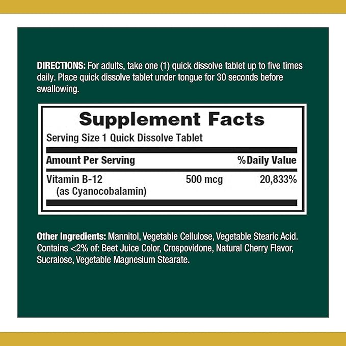 Nature's Bounty Vitamin B12, Supports Energy Metabolism and Nervous System Health, 500mcg, Tablets, 100 Ct (Pack of 2)