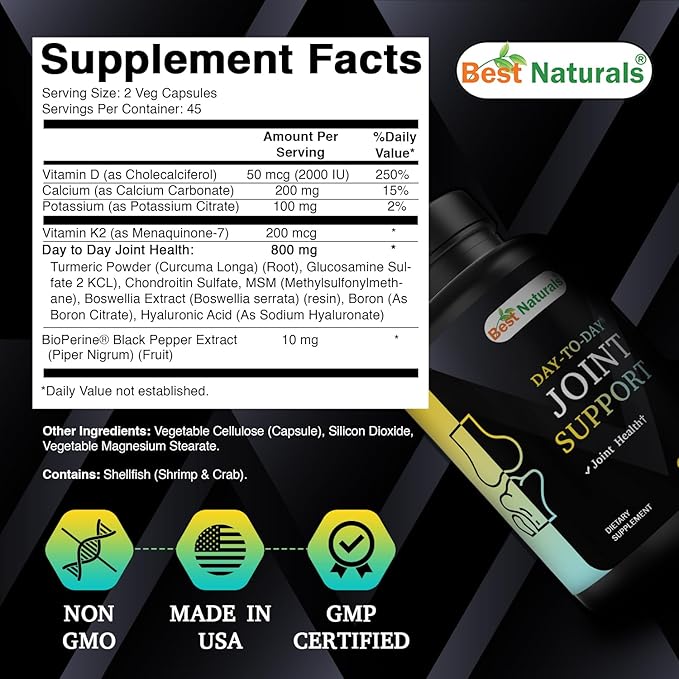 Best Naturals Day-to-Day Joint Support 90 Veg Capsules - Made with Vitmain D, K2, Calcium, Potassium, Turmeric, Glucosamine, Chondroitin, MSM