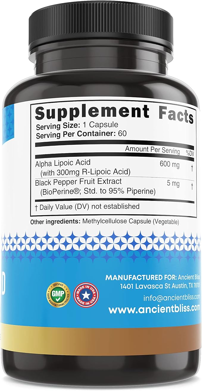 Ancient Bliss Alpha Lipoic Acid Supplement, Antioxidant and Energy Support, ALA Supplement with Bioperine, No Gluten and Soy, 600mg per Serving, 60 Vegan Capsules