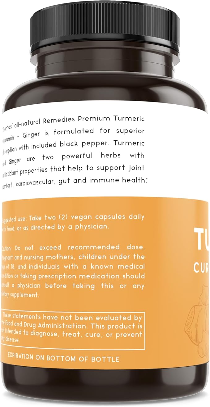 Thomas' all-natural Remedies Turmeric Curcumin and Ginger with Black Pepper, Organic Turmeric Joint Support Supplement- 95% Curcumin - NO fillers, Vegan - 120ct
