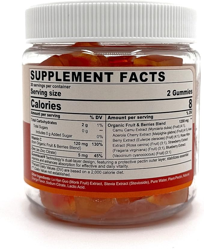 Whole Food Vitamin C Gummies for Adults & Kids, Zero Sugar, Natural Antioxidants, Bioflavonoids, Organic Vitamin C Supplement for Immune & Collagen Support, High Absorption, Vegan, Chewable, 60 Cts