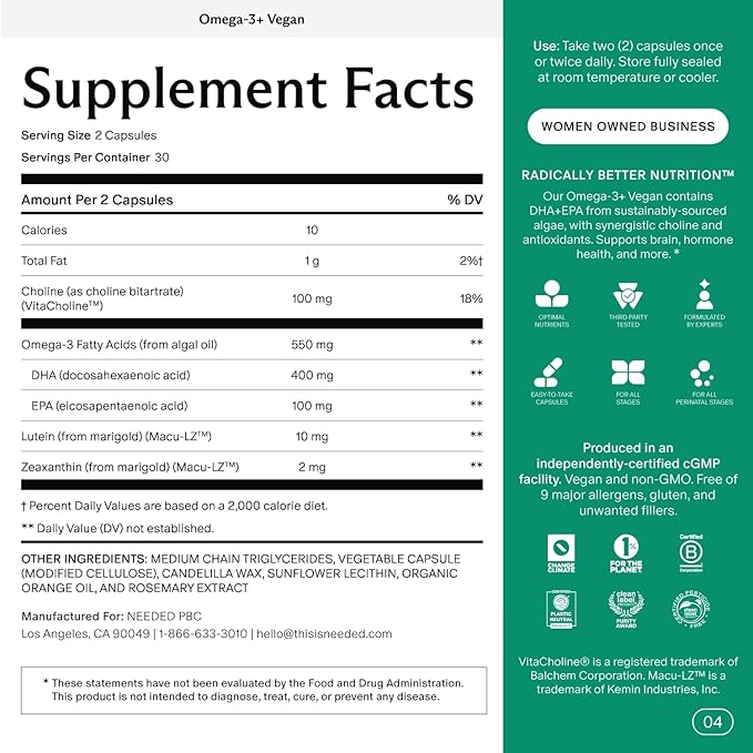 Needed. Vegan Omega-3 DHA & EPA Supplement - 500mg Omega-3 + 100mg Choline, Plant-Based Capsules, Sustainably Sourced Algae Oil, 2 Capsules Daily, 30-Day Supply