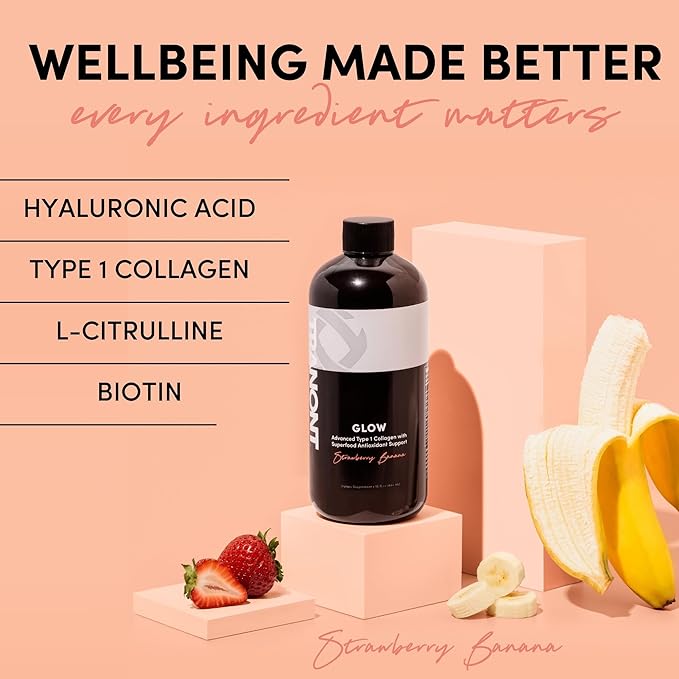 Tranont Glow | Strawberry Banana | 2 Pack | Type 1 Collagen with Superfood Antioxidant Support | for Hair, Skin, Nails & Joints | Liquid Collagen with Hyaluronic Acid & Peptides | 30 Fl Oz