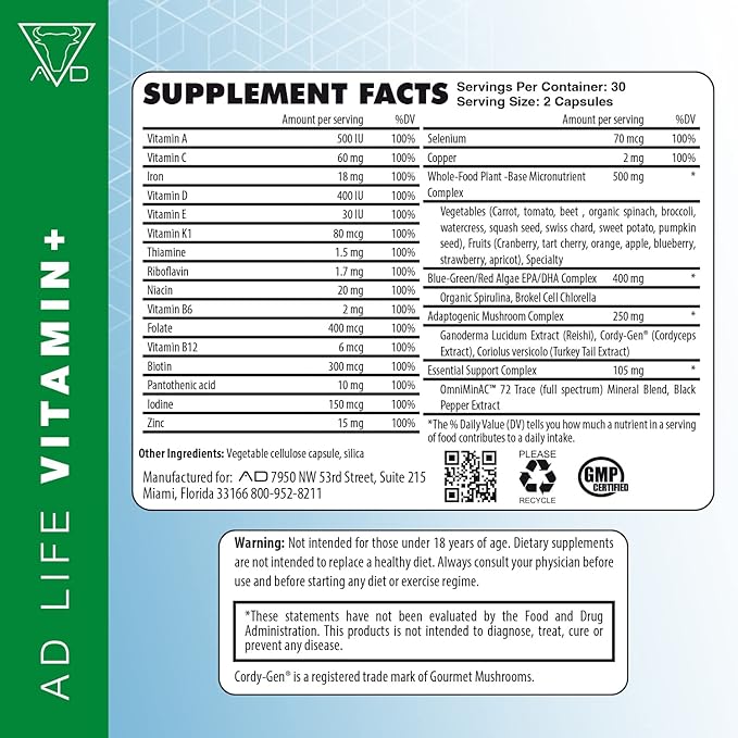 Project AD Vitamin+ Multimineral Multivitamin Supplement Complete Antioxidant, Energy & Immune Support. (60 Servings)