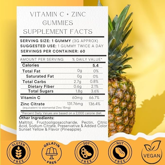 Vitamin C 60000mcg + Zinc 15000mcg Gummies, Individually Wrapped 60 Count, Supports Healthy Immune Health, Vitamin C Gummies,Supplements for Adults