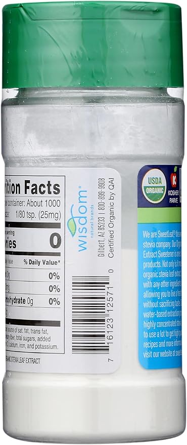 SweetLeaf Organic Pure Stevia Powder Shaker Jar - Zero Calorie Sweetener with Pure Stevia Leaf Extract, 1000 Servings per Container, No Additives, Sugar Free, Keto Friendly - 0.9 Oz (Pack of 1)