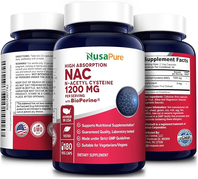 NusaPure N-Acetyl Cysteine (NAC) 1200mg 180 Veggie Caps (Vegetarian, Non-GMO, Gluten Free) Bioperine