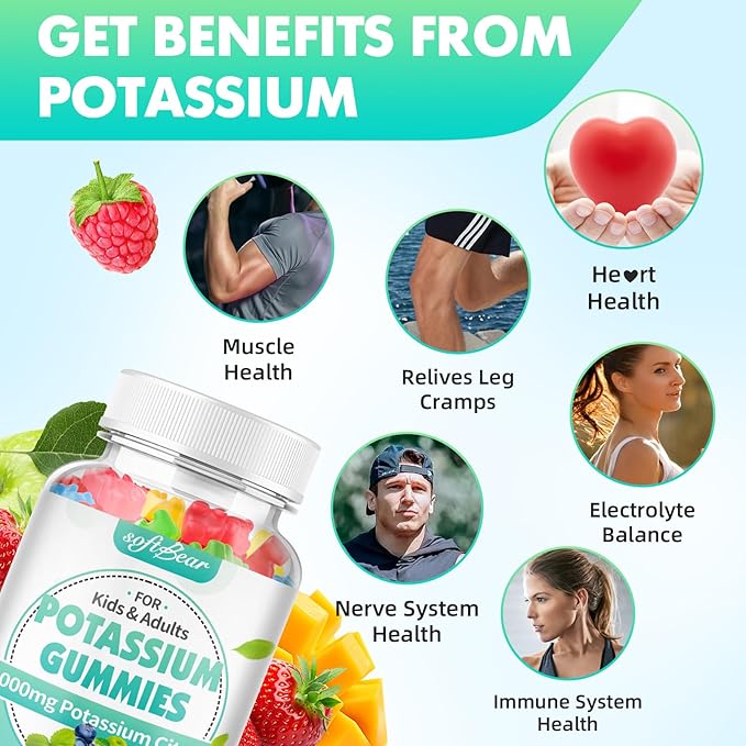 softbear Potassium Citrate Gummies, High Potency Potassium Citrate 1000mg Supports Leg Cramps & Muscle Health Potassium Gummies for Adults & Kids Mixed Fruit Flavor 120 Count