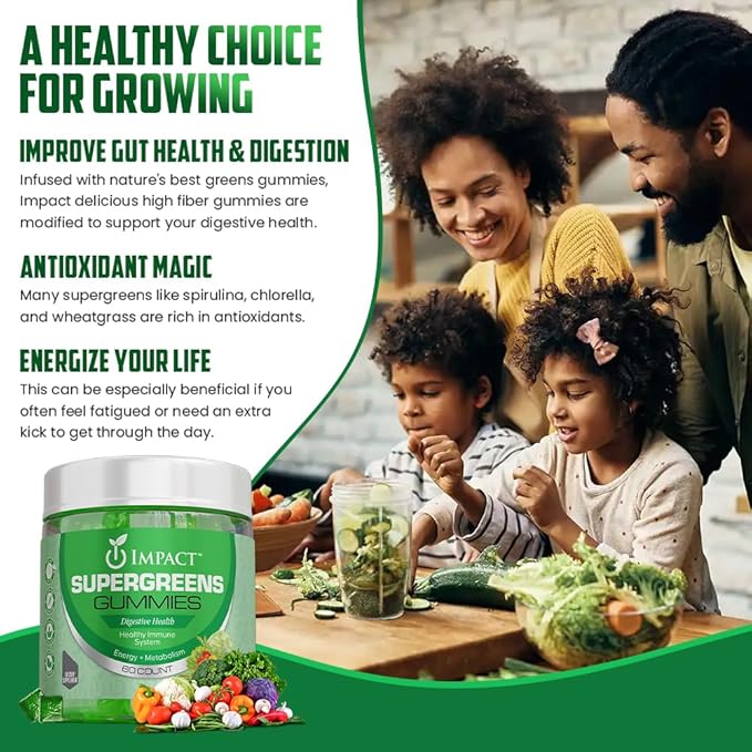 IMPACT Supergreens Veggies Gummies - Vegetarian Fiber Gummies for Adults & Kids - Daily Green Superfoods with Essential Vitamins & Support Immunity & Gut Health - 4g of Fiber per Two Gummy (60 Count)