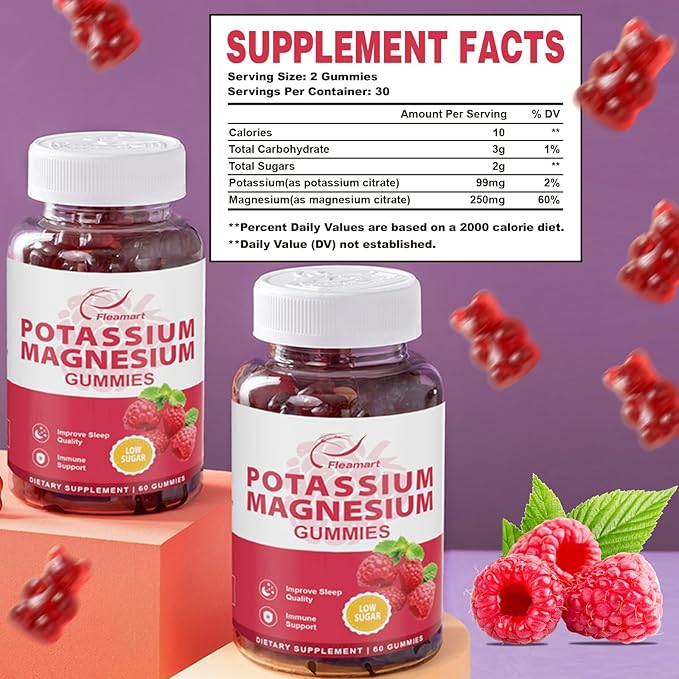 Potassium Magnesium Gummies Potassium Citrate 99mg Magnesium Citrate 250mg Magnesium Potassium Complex Supplement, Immune Support, 60 Raspberry Gummies