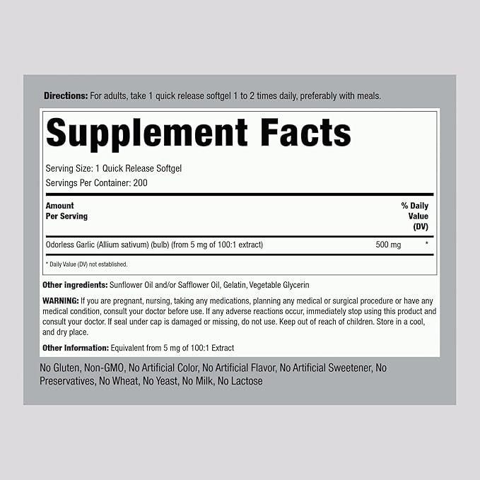 Piping Rock Odorless Garlic Softgels | 500mg | 200 Pills | Herbal Extract Supplement | Odor-Free, Non-GMO, Gluten Free