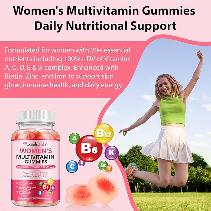 Multivitamin for Women, Womens Multivitamin Gummy 60p, Boosts Healthy Bones Hair Skin and Nails, Boosts Immunity Energy, Strawberry Flavor
