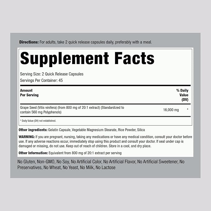 Piping Rock Grape Seed Extract Capsules | 16,000 mg | 90 Count | Standardized Supplements | Non-GMO, Gluten Free