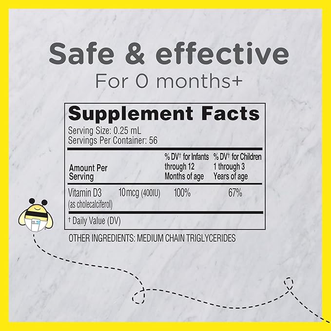 Zarbee's Vitamin D Drops for Infants, 400IU (10mcg) Baby & Toddler Liquid Supplement, Newborn & Up, Dropper Syringe Included, 0.47 Fl Oz
