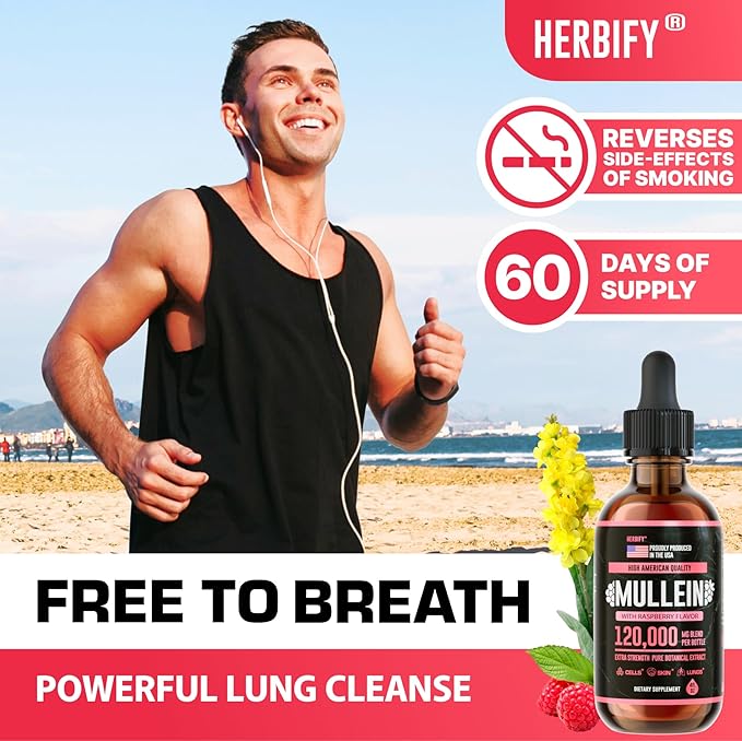 HERBIFY Mullein Drops - Lung Cleanse - Leaf Extract - Powerful Mullein for Immune Support, Detox & Respiratory Support - Made in USA - 4 Oz Raspberry Flavor