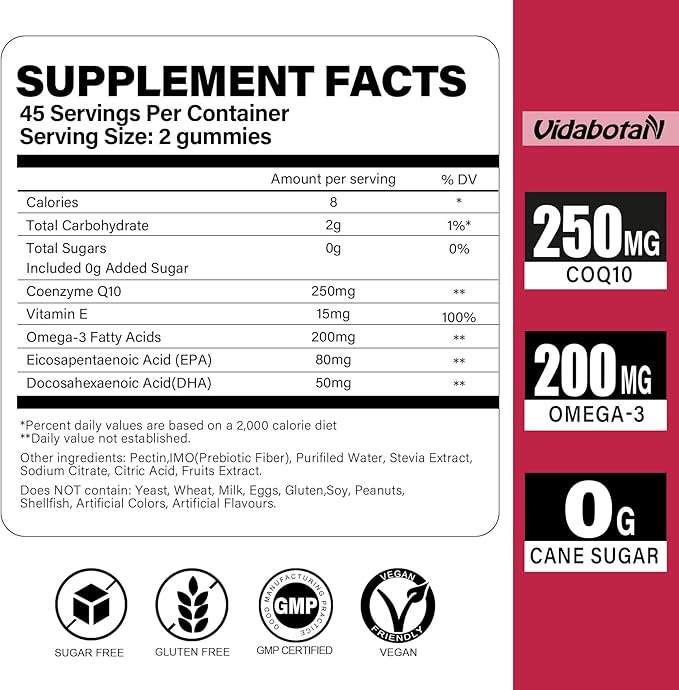 Sugar Free Coq 10 Gummies 250mg with Vitamin E, Omega-3, High Absorption Coenzyme Q10 Supplements for Heart, Energy & Antioxidant Support,Orange Flavor, Vegan, 90 chewable Gummies