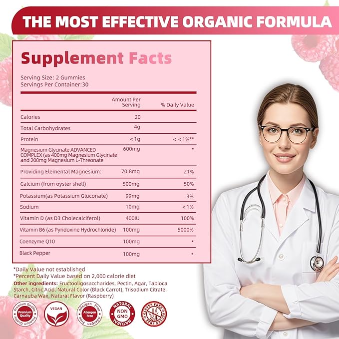Magnesium Glycinate Gummies - 600mg Raspberry Flavor | Magnesium Glycinate Supplement for Stress Relief, Sleep, and Muscle Recovery | High Absorption Non-GMO, Perfect for Adults - 60 Count